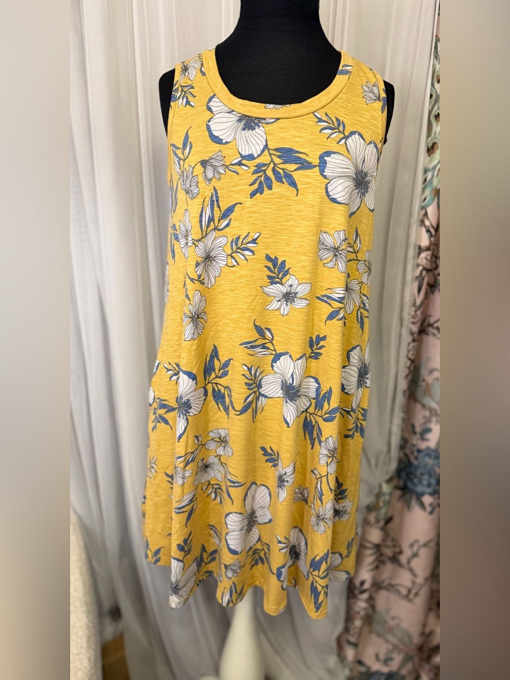 Vintage Floral VIAMOR Swing Dress Large Mustard Yellow Blue